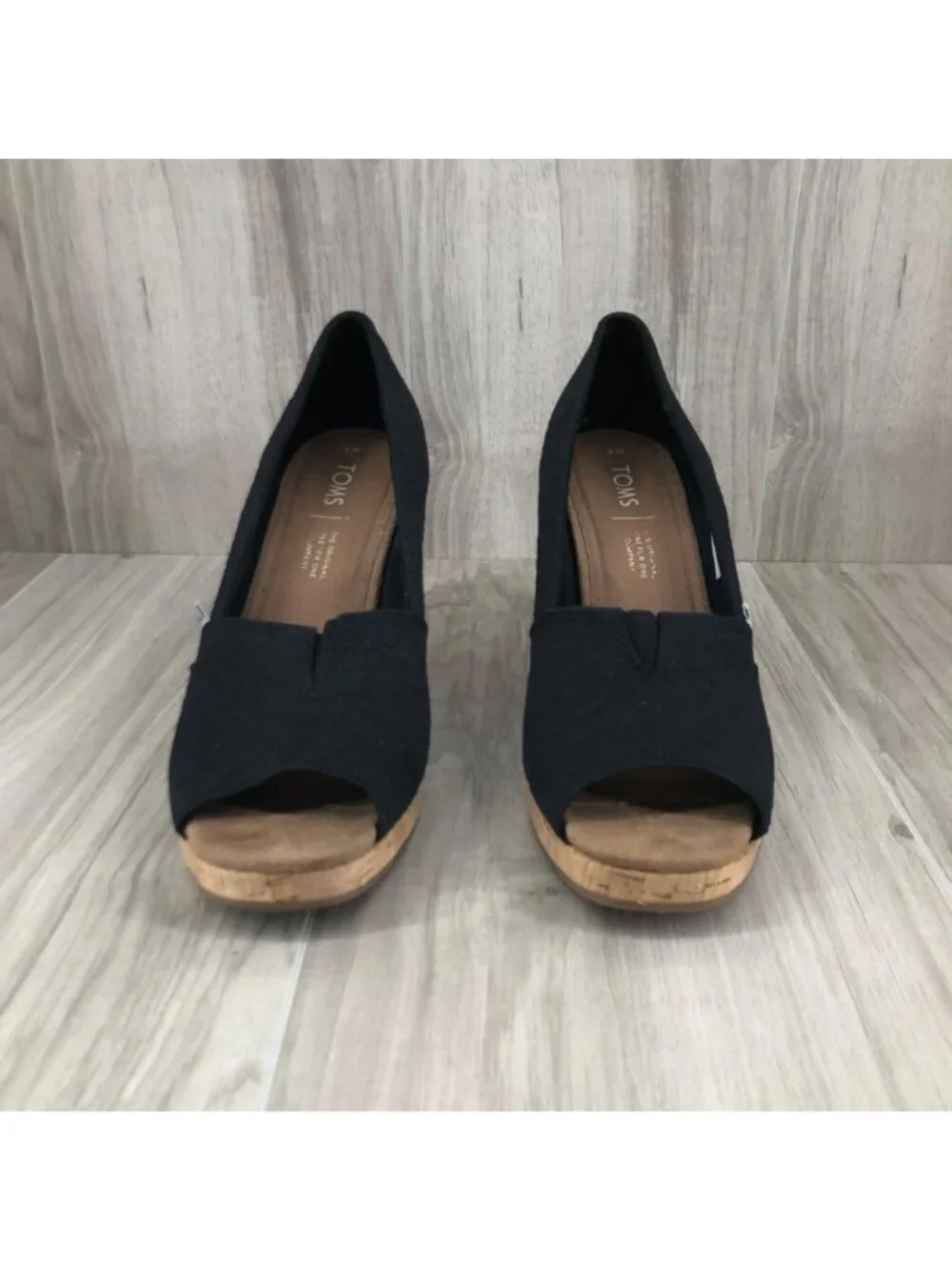 Toms Wedges Womens 8 Black Slip On Peep Toe Cork Wedge Shoes